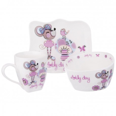 Porcelanowy komplet stołowy dla dziecka Myszka-różowy