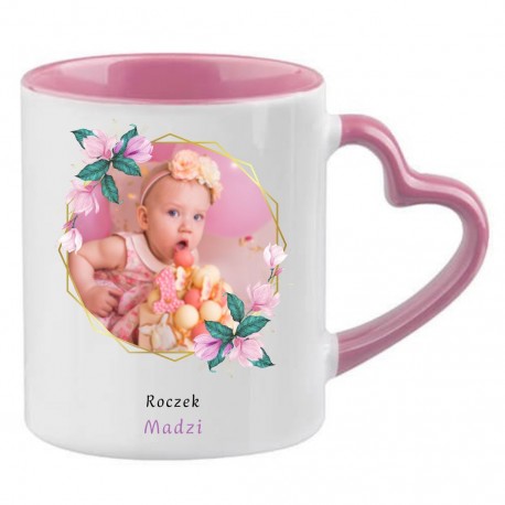 Kubek z sercem Roczek Podziękowanie dla Chrzestnych życzenia Urodziny