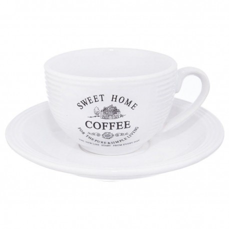 Filiżanka kubek do kawy i herbaty ze spodkiem ceramiczna biała SWEET HOME 250 ml
