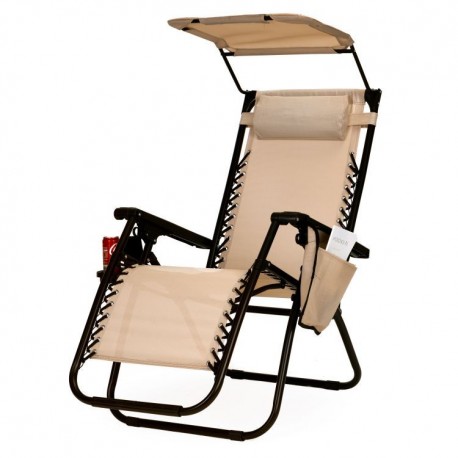 Leżak z daszkiem ogrodowy rozkładany, regulowany ze stolikiem i zagłówkiem Beżowy