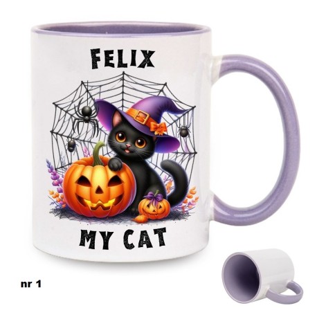 Kubek Halloween MY CAT Kubek z kotkiem Fioletowy środek i ucho 2 wzory