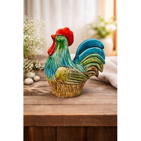 Kogut, kogucik turkus kolorowe pióra. Wyrób ceramiczny 19 cm