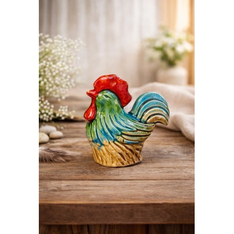 Kogut, ceramiczny Kogucik turkus kolorowe pióra mały 10 cm